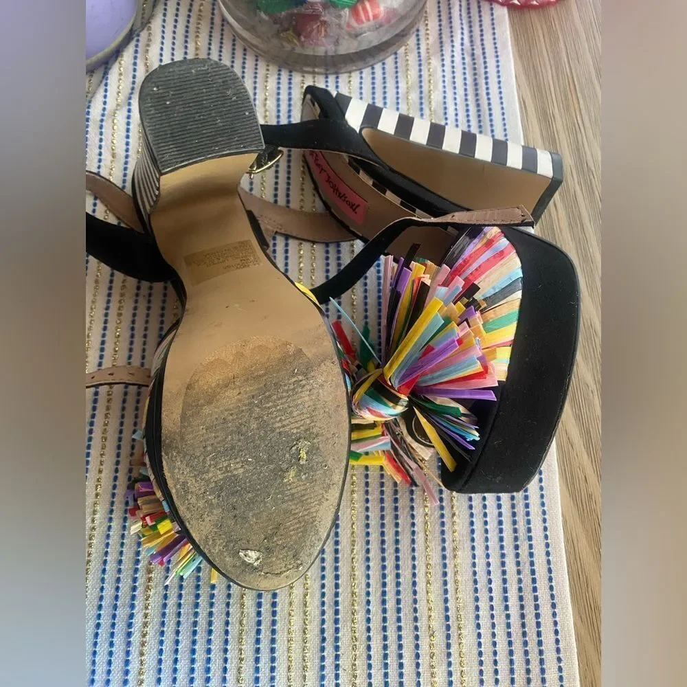 BETSEY JOHNSON 1970s Style Striped Pom Pom Platform Heels size 5.5
